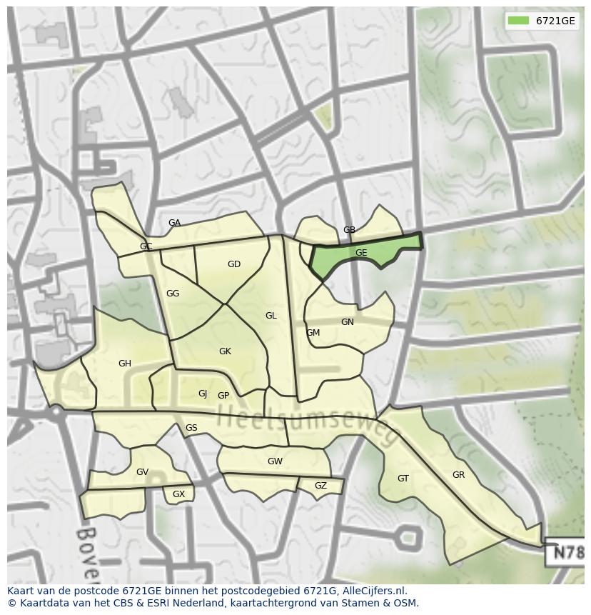 Afbeelding van het postcodegebied 6721 GE op de kaart.