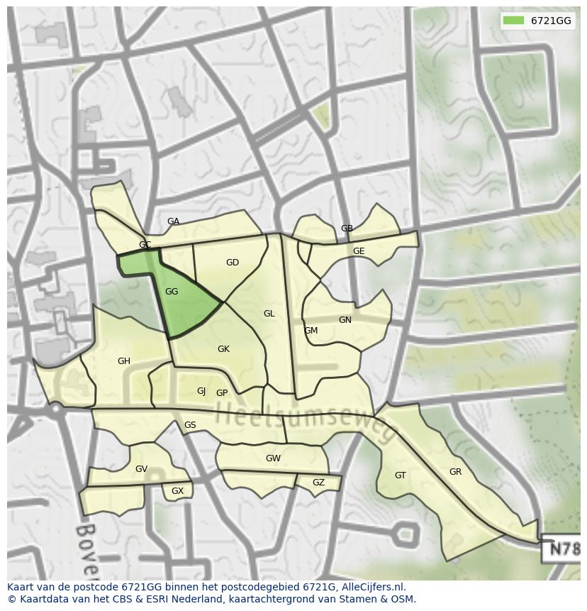 Afbeelding van het postcodegebied 6721 GG op de kaart.