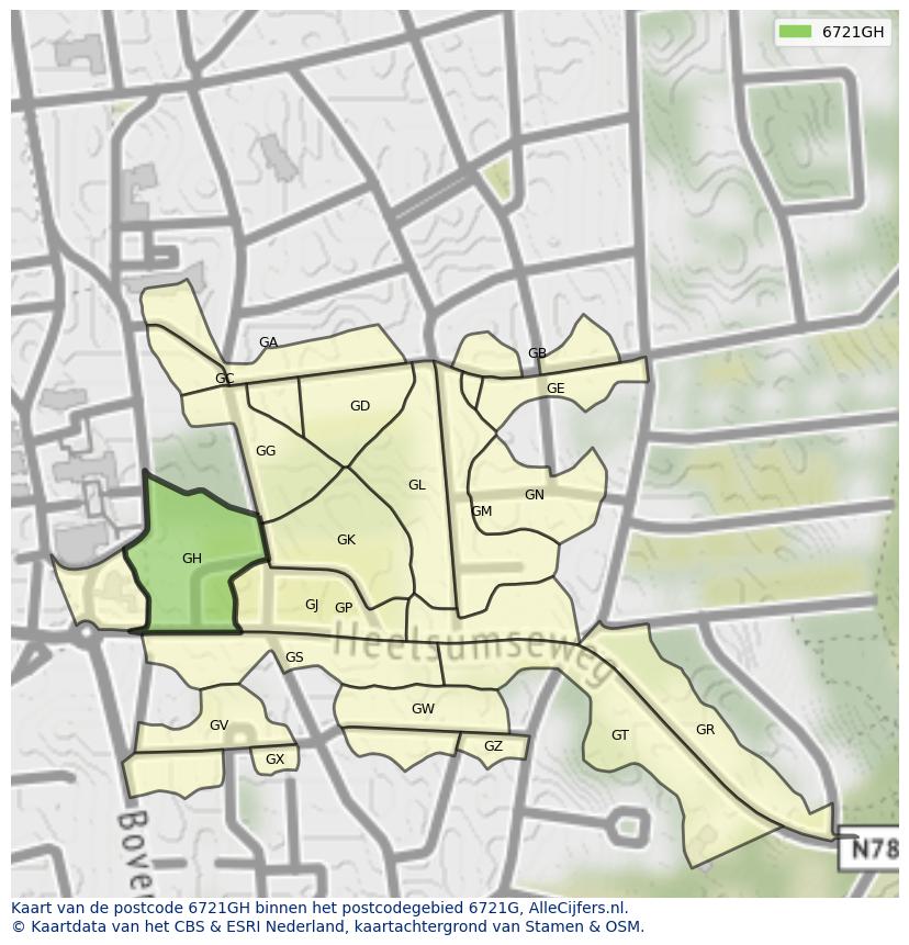 Afbeelding van het postcodegebied 6721 GH op de kaart.