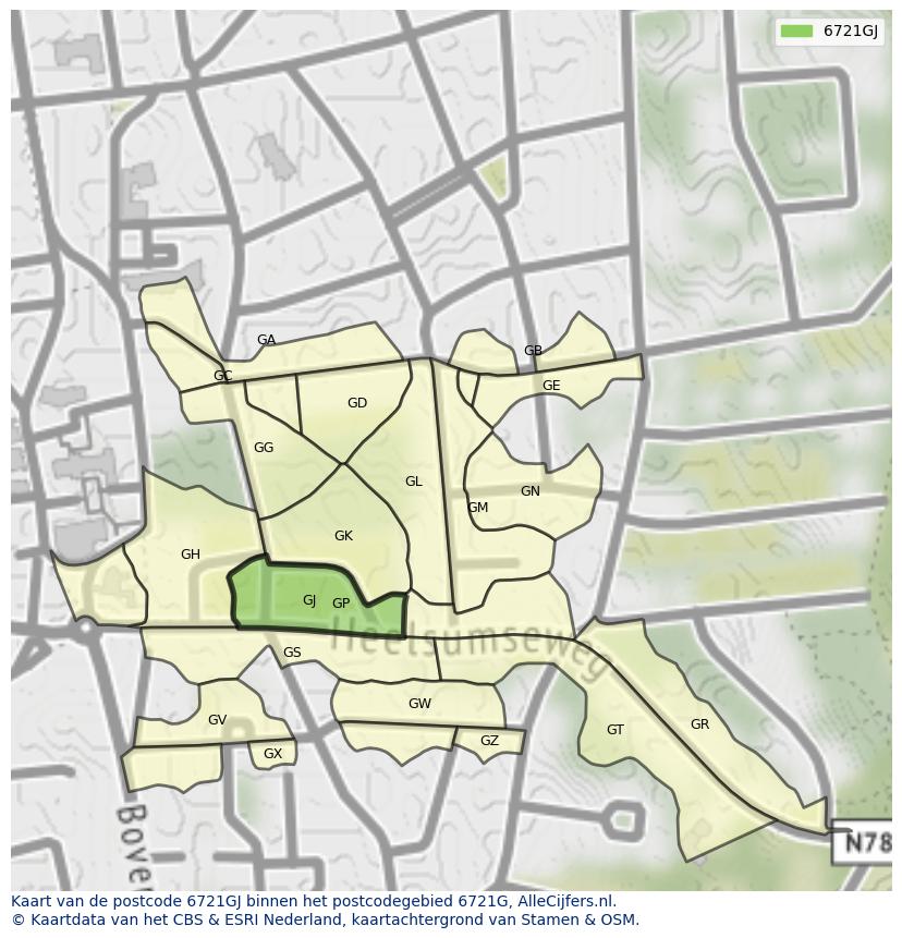 Afbeelding van het postcodegebied 6721 GJ op de kaart.