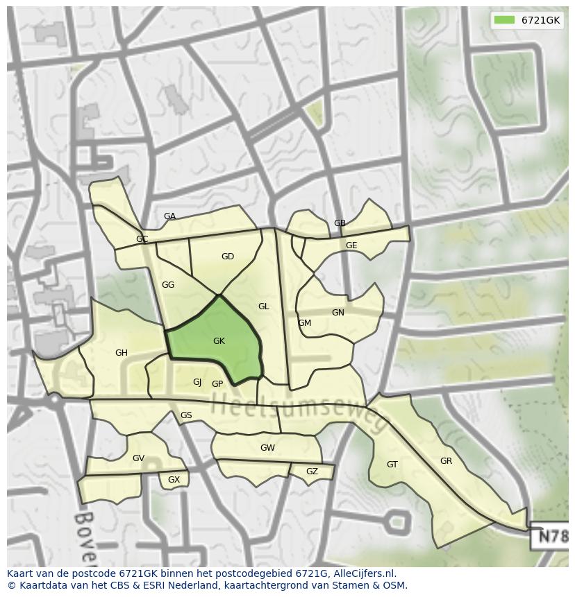 Afbeelding van het postcodegebied 6721 GK op de kaart.