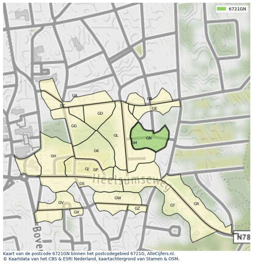 Afbeelding van het postcodegebied 6721 GN op de kaart.