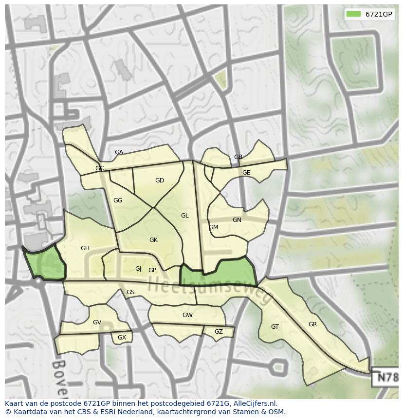 Afbeelding van het postcodegebied 6721 GP op de kaart.