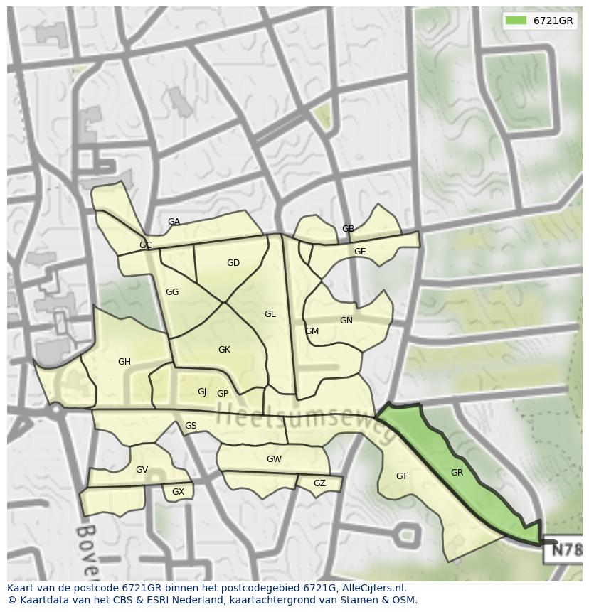 Afbeelding van het postcodegebied 6721 GR op de kaart.