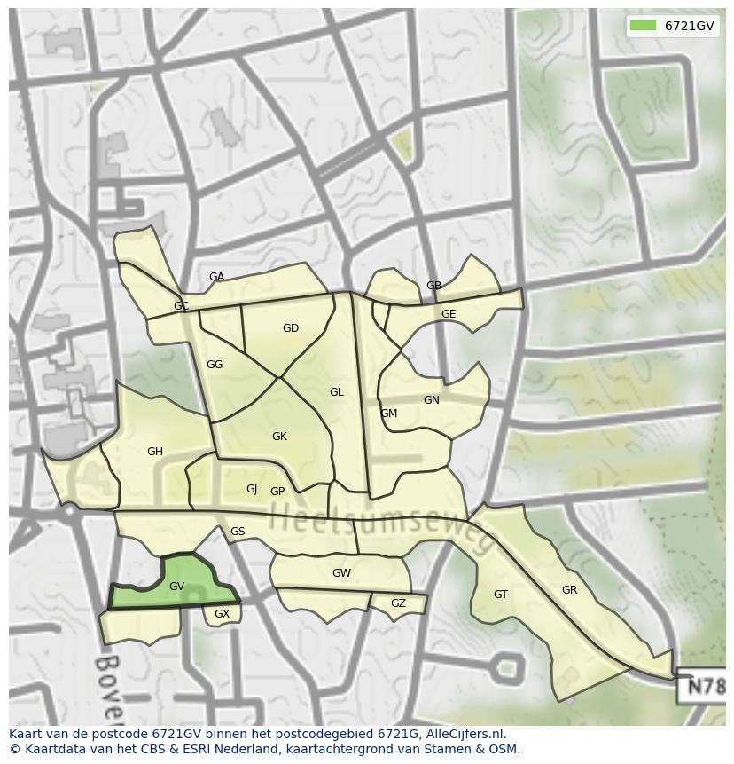 Afbeelding van het postcodegebied 6721 GV op de kaart.