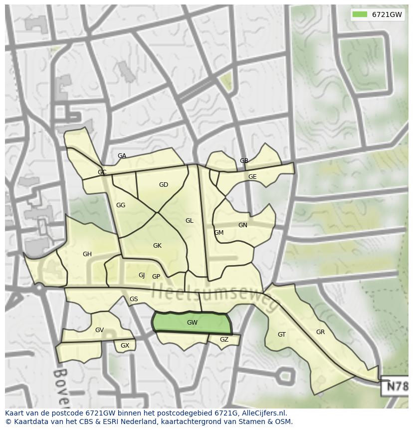 Afbeelding van het postcodegebied 6721 GW op de kaart.