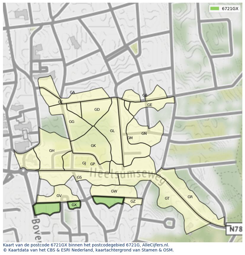 Afbeelding van het postcodegebied 6721 GX op de kaart.