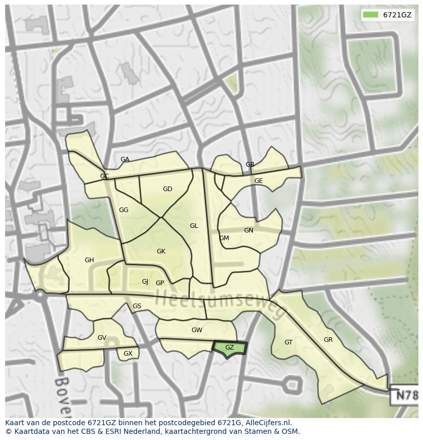 Afbeelding van het postcodegebied 6721 GZ op de kaart.