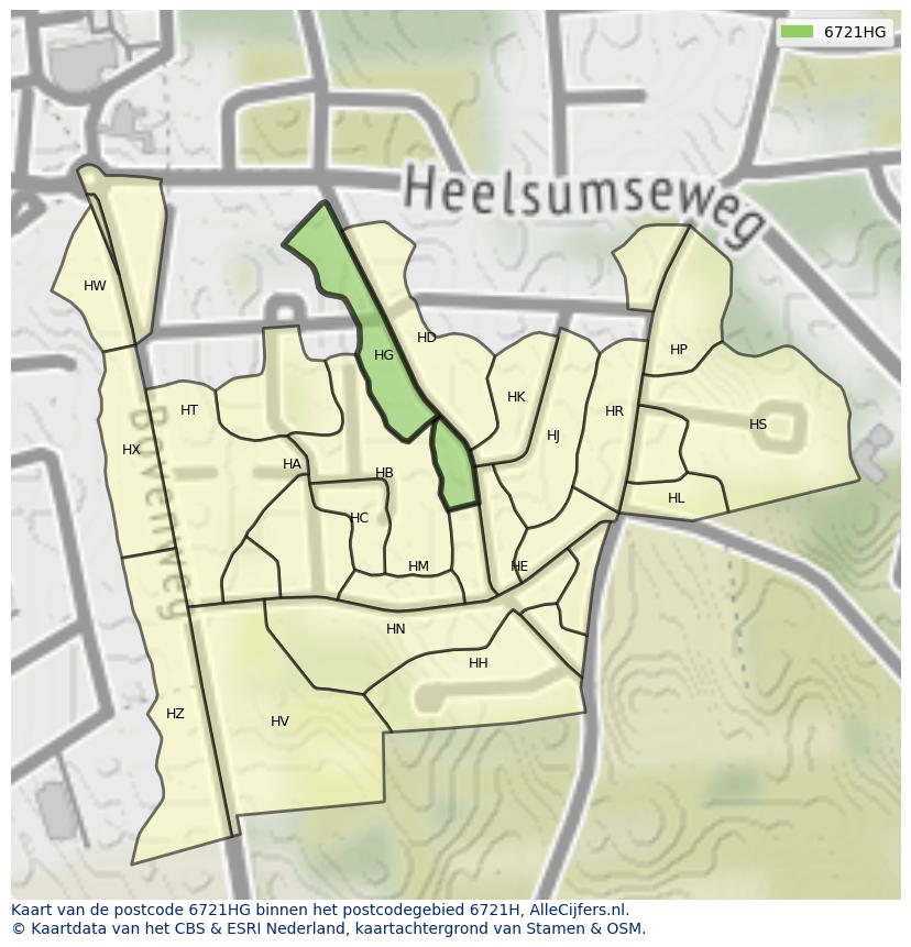 Afbeelding van het postcodegebied 6721 HG op de kaart.