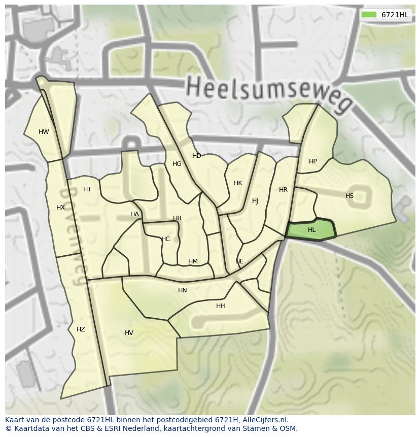 Afbeelding van het postcodegebied 6721 HL op de kaart.