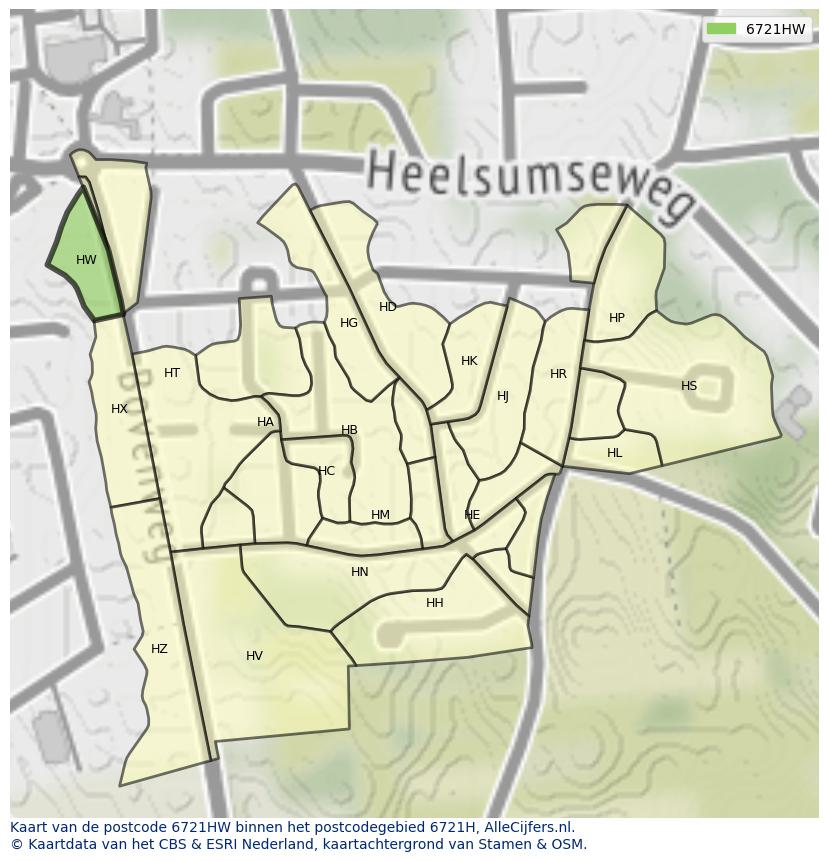 Afbeelding van het postcodegebied 6721 HW op de kaart.