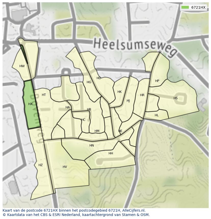 Afbeelding van het postcodegebied 6721 HX op de kaart.