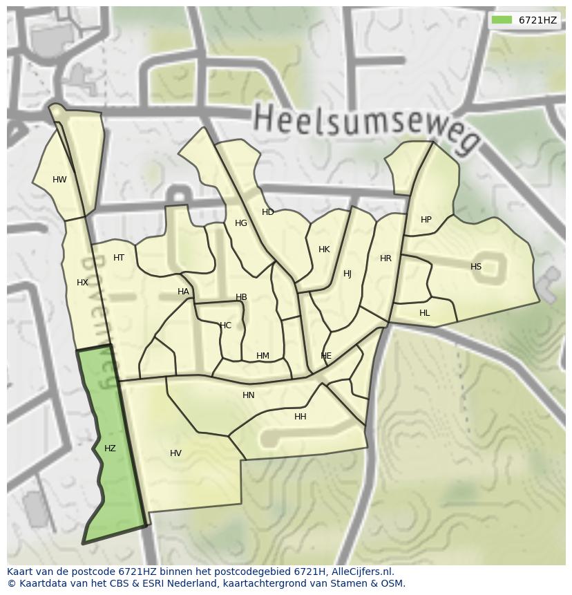 Afbeelding van het postcodegebied 6721 HZ op de kaart.