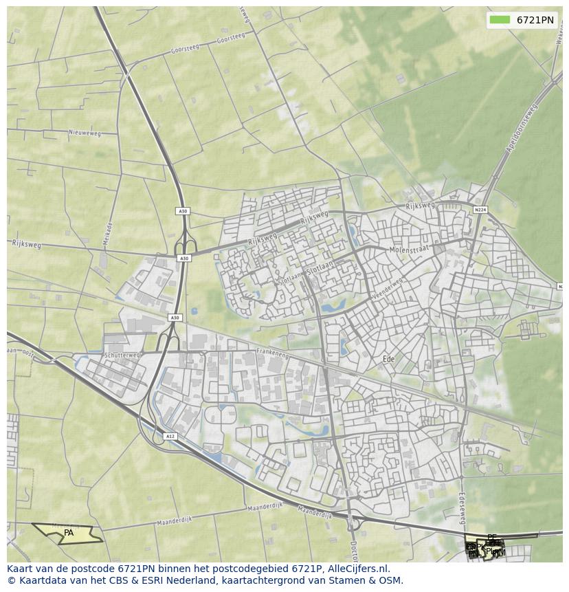 Afbeelding van het postcodegebied 6721 PN op de kaart.