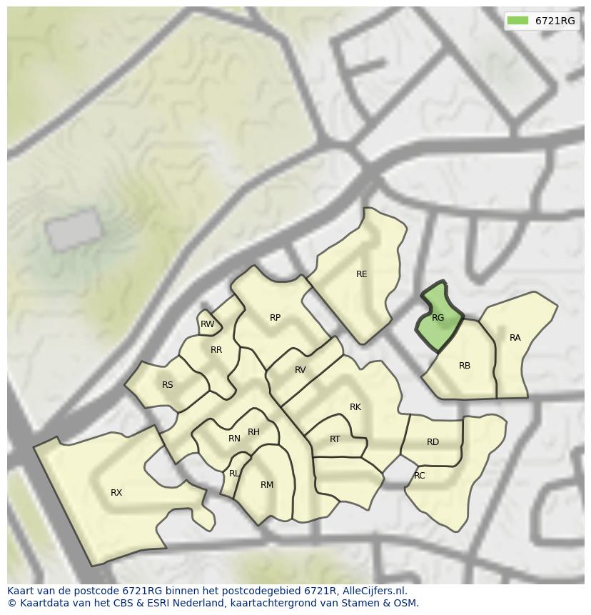 Afbeelding van het postcodegebied 6721 RG op de kaart.