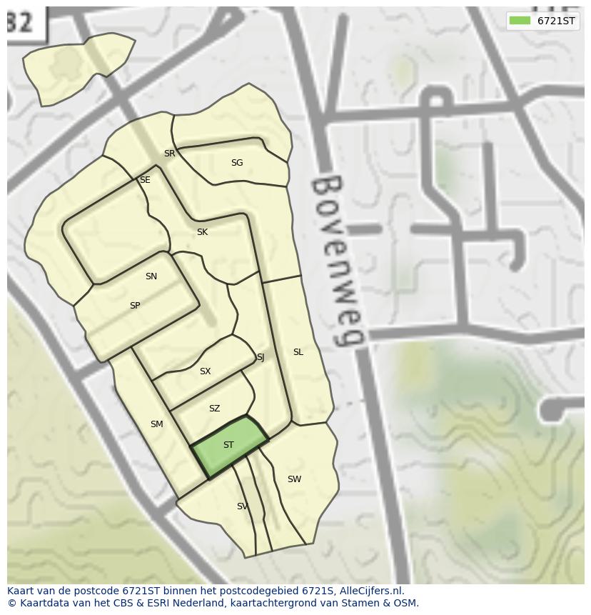 Afbeelding van het postcodegebied 6721 ST op de kaart.