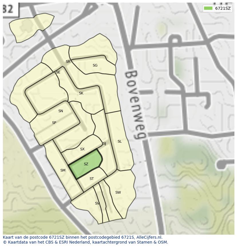 Afbeelding van het postcodegebied 6721 SZ op de kaart.