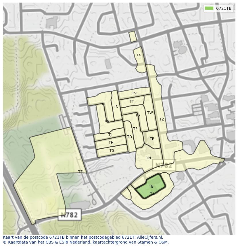 Afbeelding van het postcodegebied 6721 TB op de kaart.