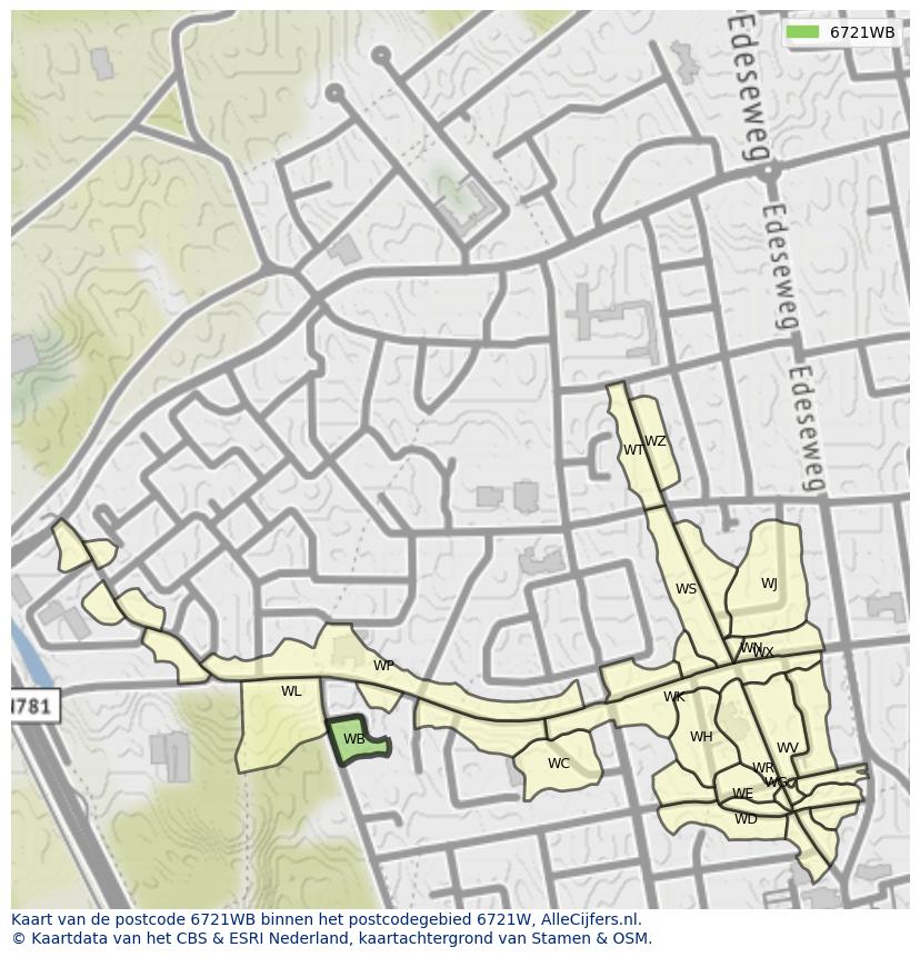 Afbeelding van het postcodegebied 6721 WB op de kaart.