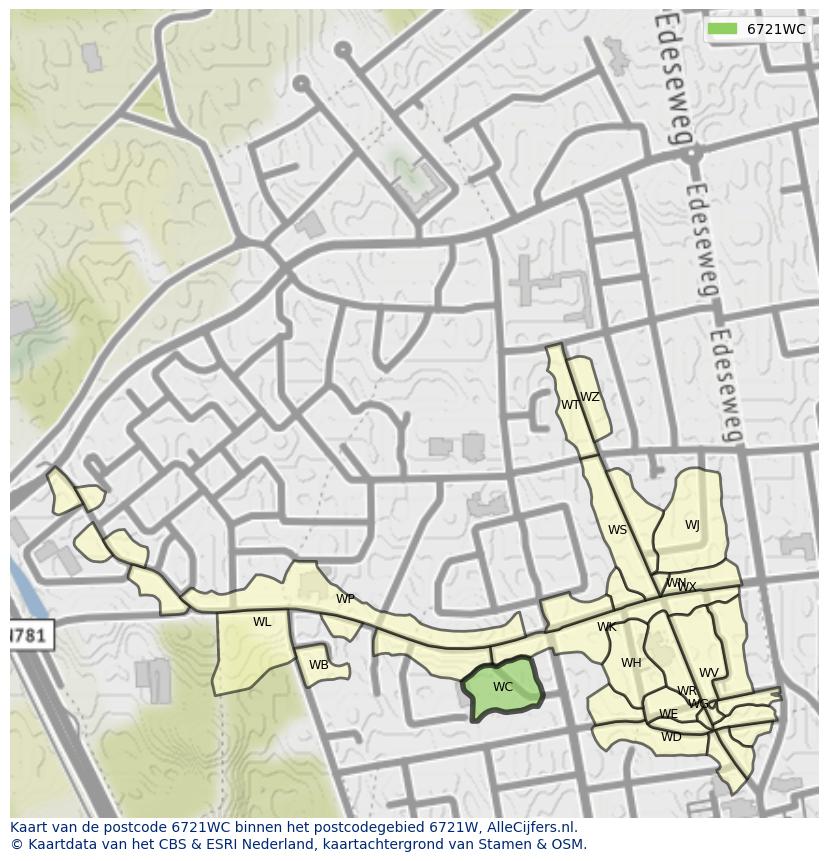 Afbeelding van het postcodegebied 6721 WC op de kaart.