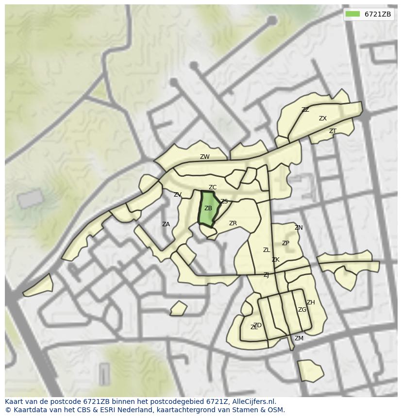 Afbeelding van het postcodegebied 6721 ZB op de kaart.