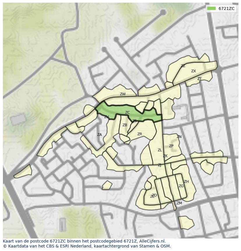 Afbeelding van het postcodegebied 6721 ZC op de kaart.