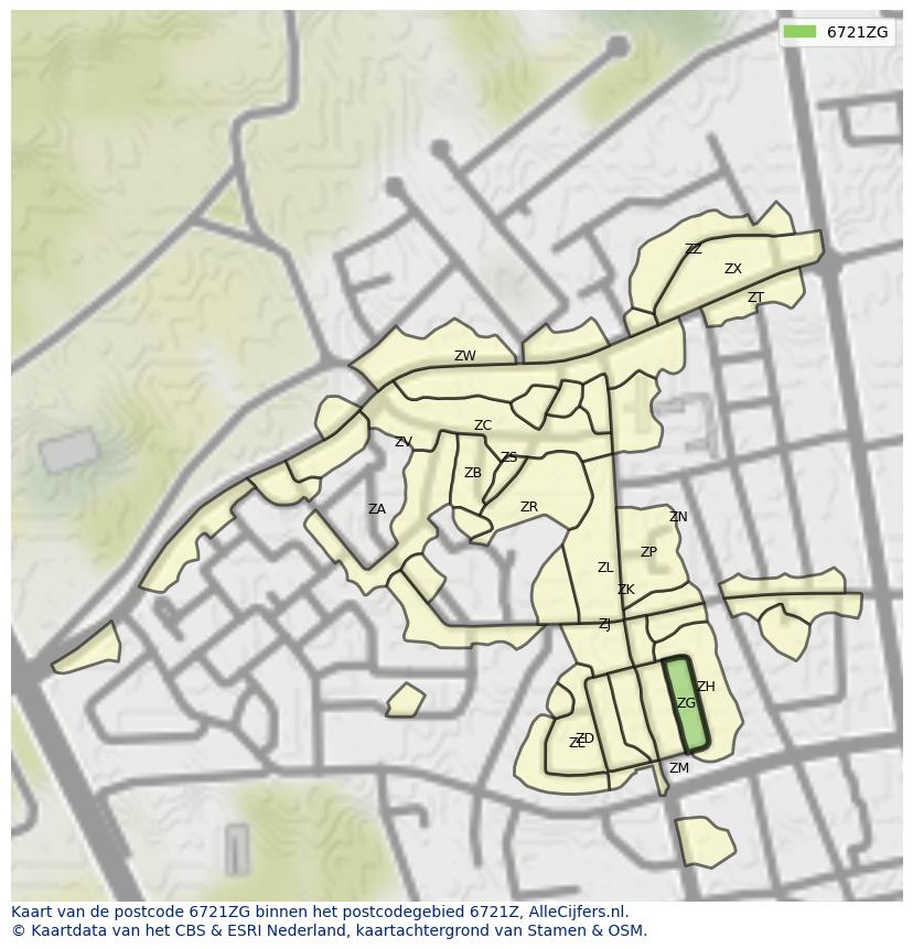 Afbeelding van het postcodegebied 6721 ZG op de kaart.