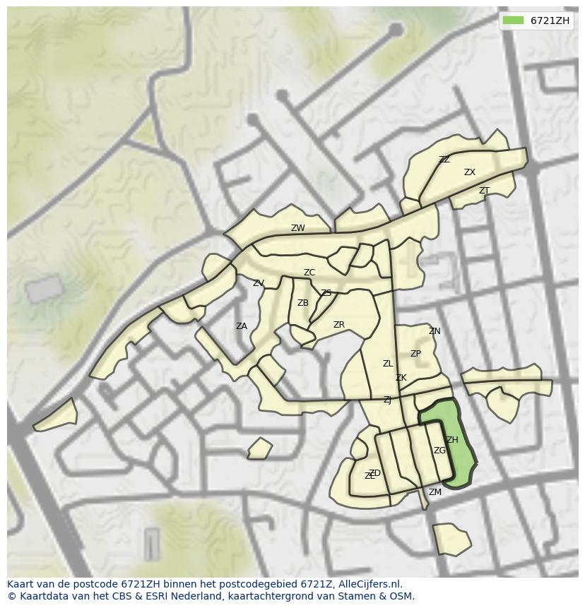 Afbeelding van het postcodegebied 6721 ZH op de kaart.