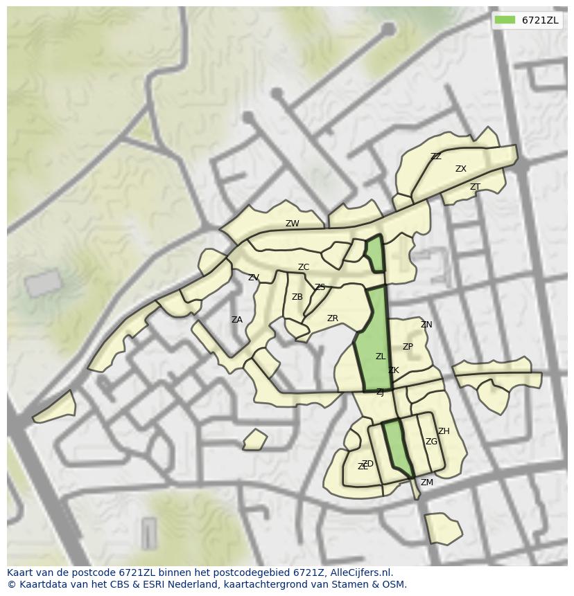 Afbeelding van het postcodegebied 6721 ZL op de kaart.