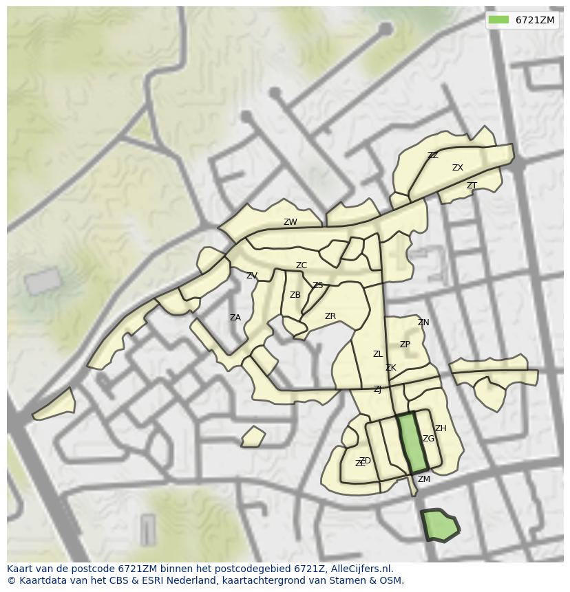 Afbeelding van het postcodegebied 6721 ZM op de kaart.