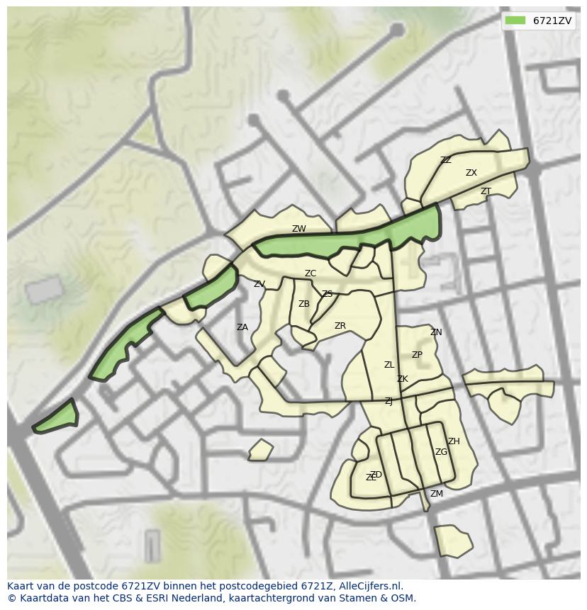 Afbeelding van het postcodegebied 6721 ZV op de kaart.