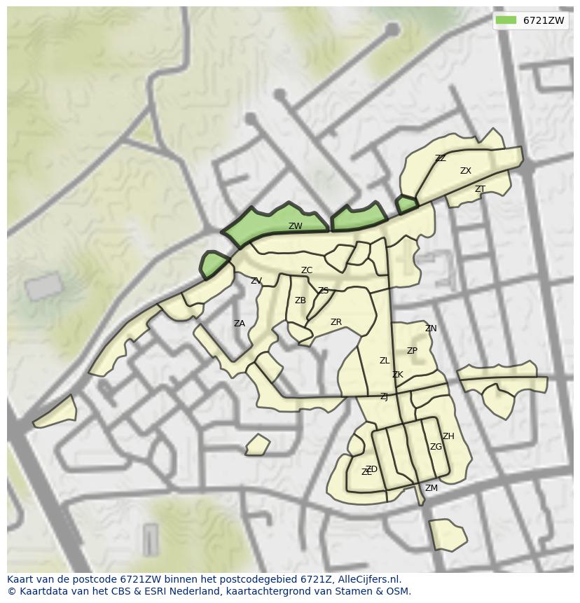 Afbeelding van het postcodegebied 6721 ZW op de kaart.