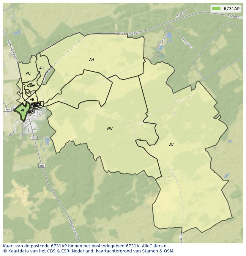 Afbeelding van het postcodegebied 6731 AP op de kaart.