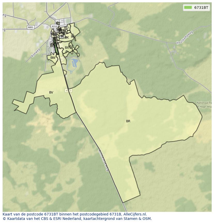 Afbeelding van het postcodegebied 6731 BT op de kaart.