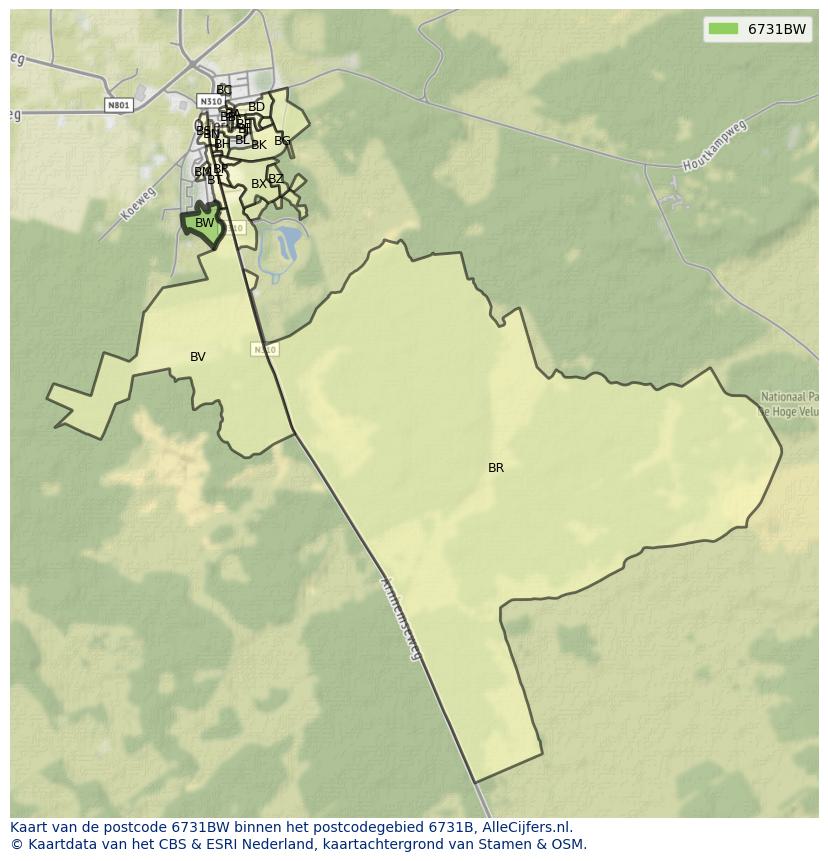 Afbeelding van het postcodegebied 6731 BW op de kaart.