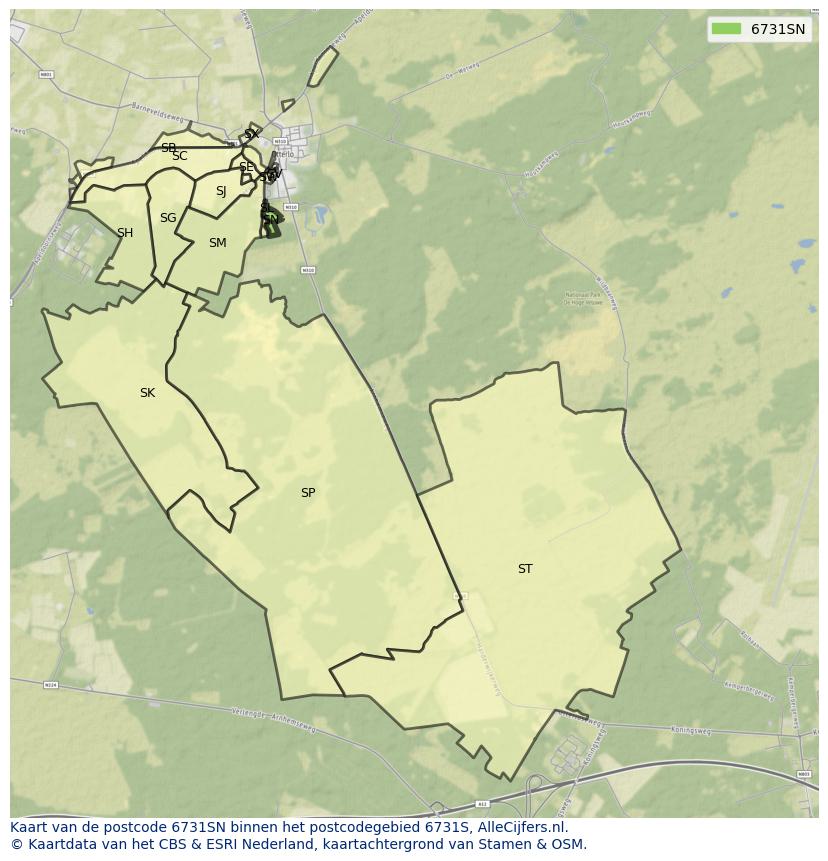 Afbeelding van het postcodegebied 6731 SN op de kaart.