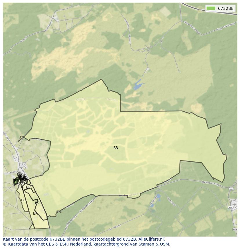 Afbeelding van het postcodegebied 6732 BE op de kaart.