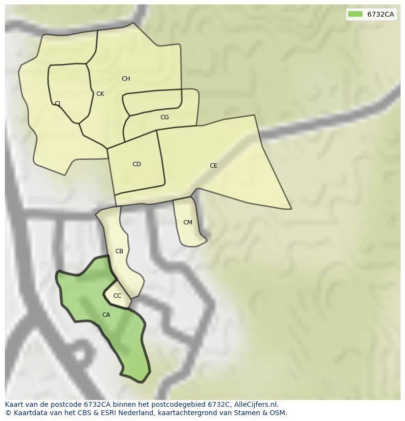 Afbeelding van het postcodegebied 6732 CA op de kaart.