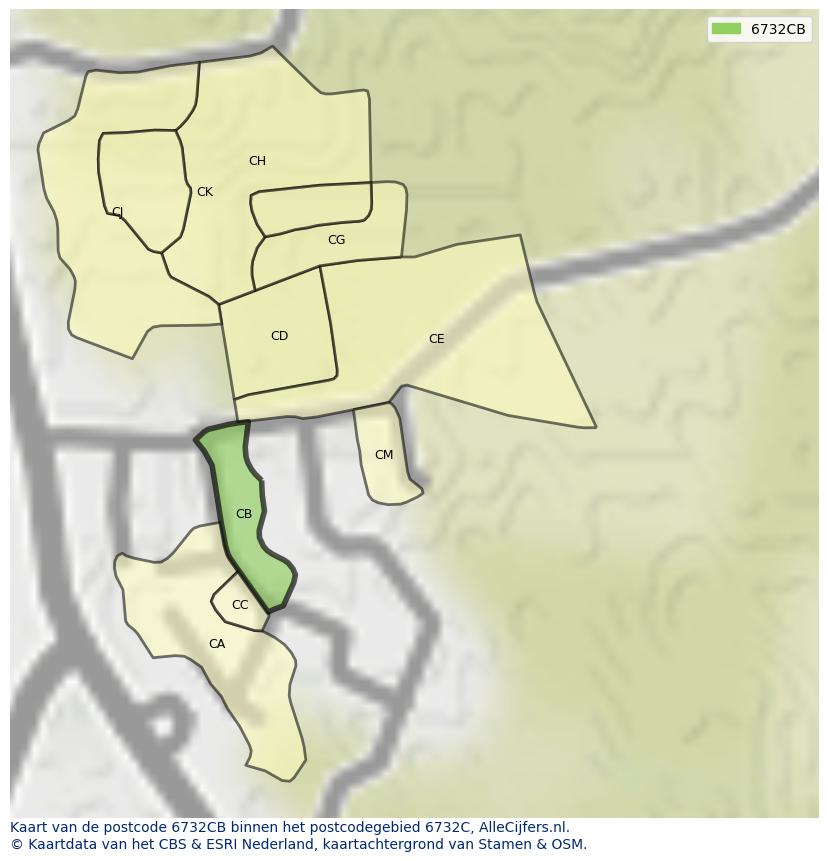 Afbeelding van het postcodegebied 6732 CB op de kaart.