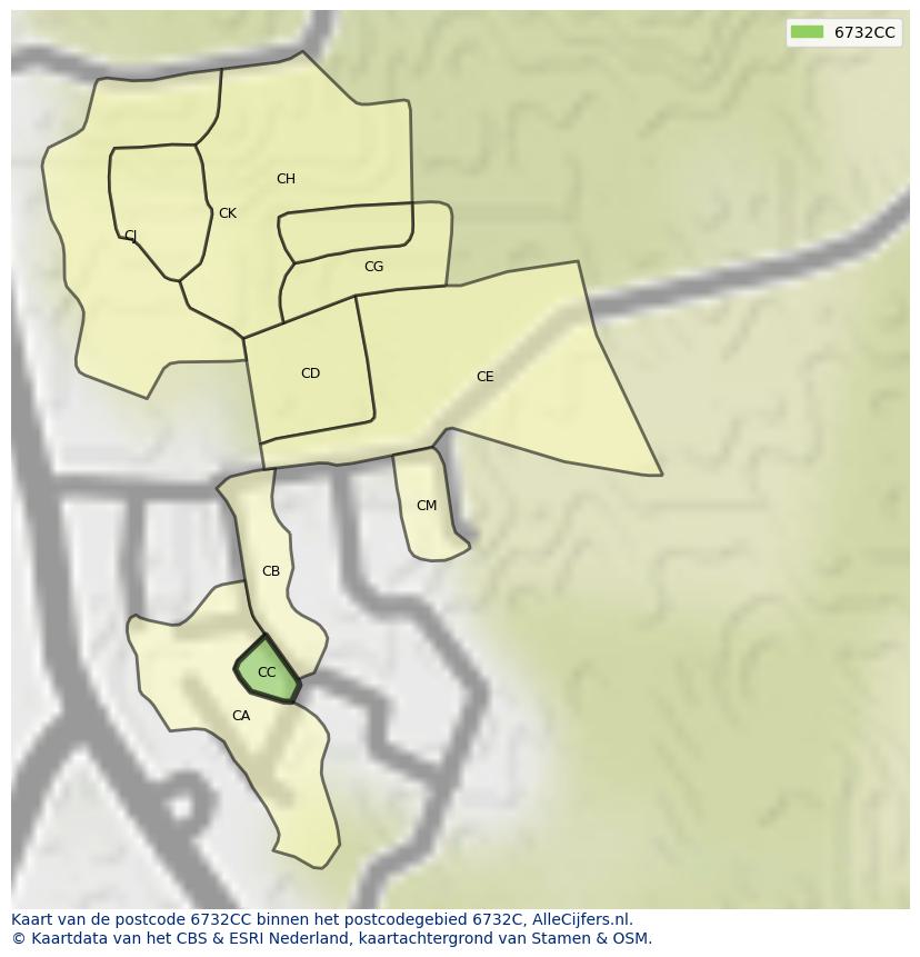 Afbeelding van het postcodegebied 6732 CC op de kaart.