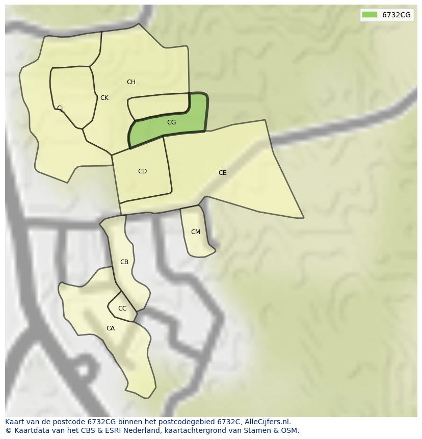 Afbeelding van het postcodegebied 6732 CG op de kaart.