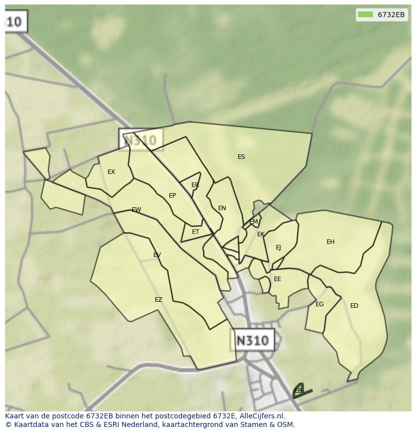 Afbeelding van het postcodegebied 6732 EB op de kaart.