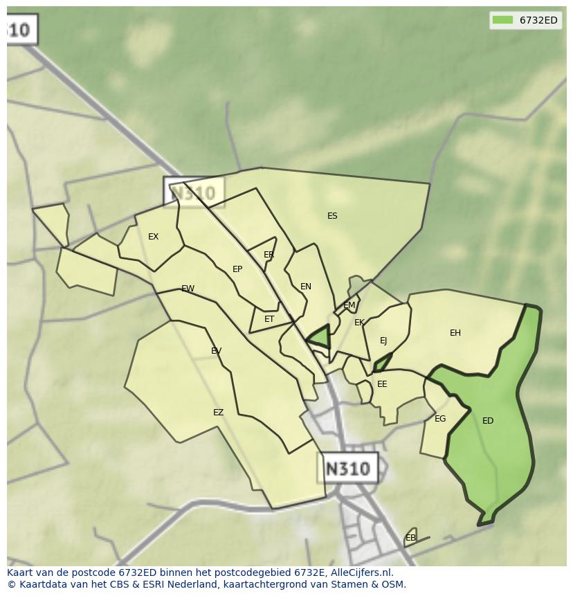 Afbeelding van het postcodegebied 6732 ED op de kaart.