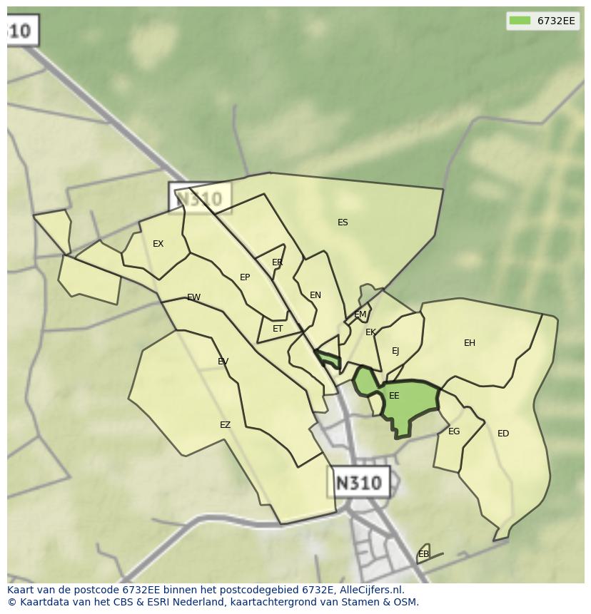 Afbeelding van het postcodegebied 6732 EE op de kaart.