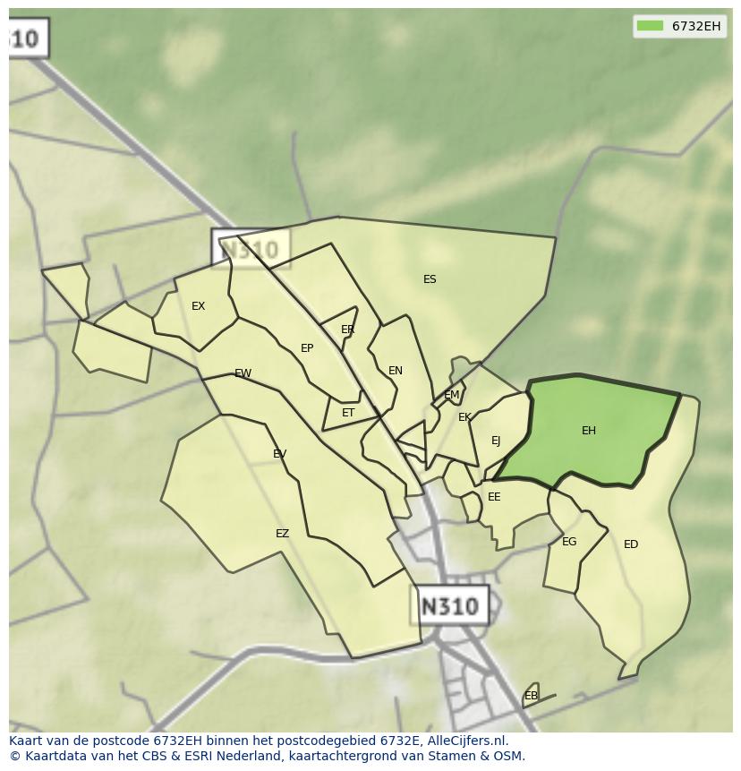 Afbeelding van het postcodegebied 6732 EH op de kaart.