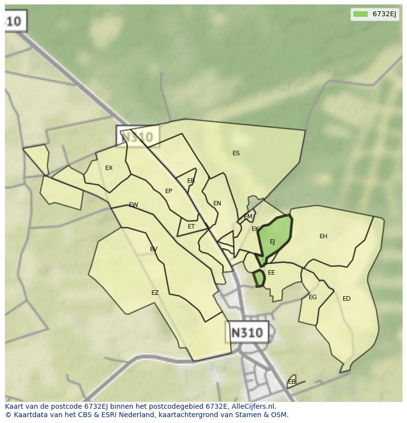 Afbeelding van het postcodegebied 6732 EJ op de kaart.