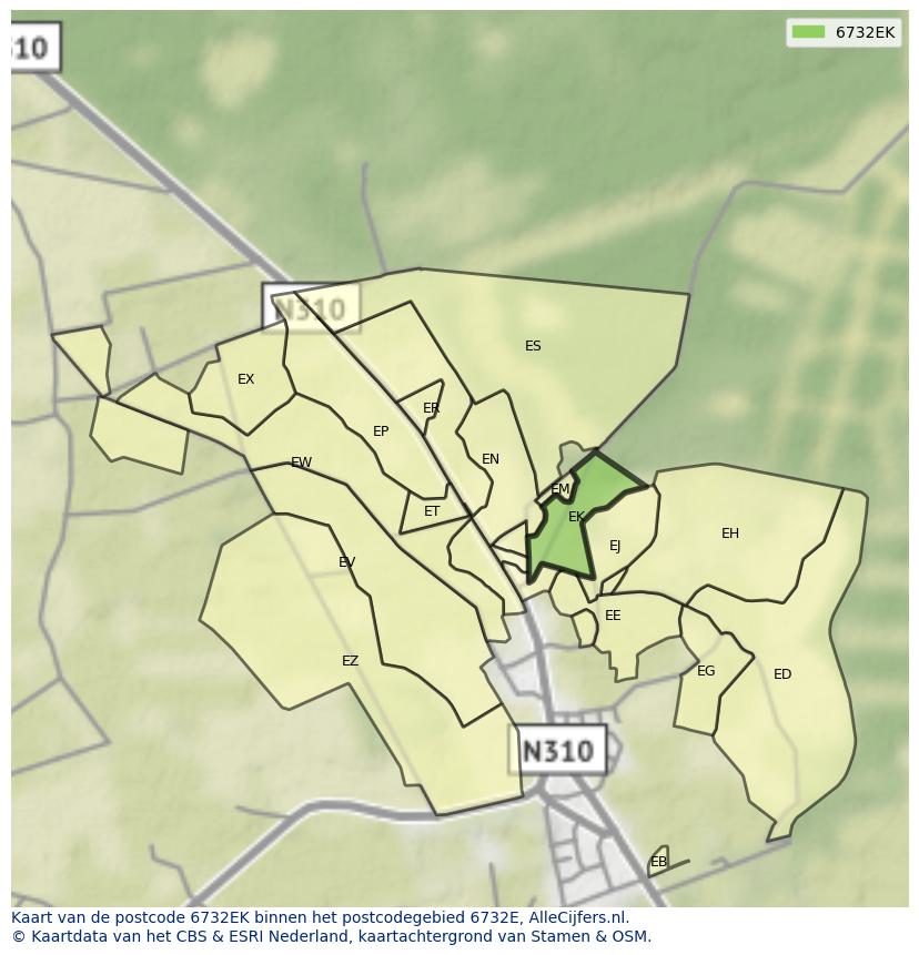 Afbeelding van het postcodegebied 6732 EK op de kaart.
