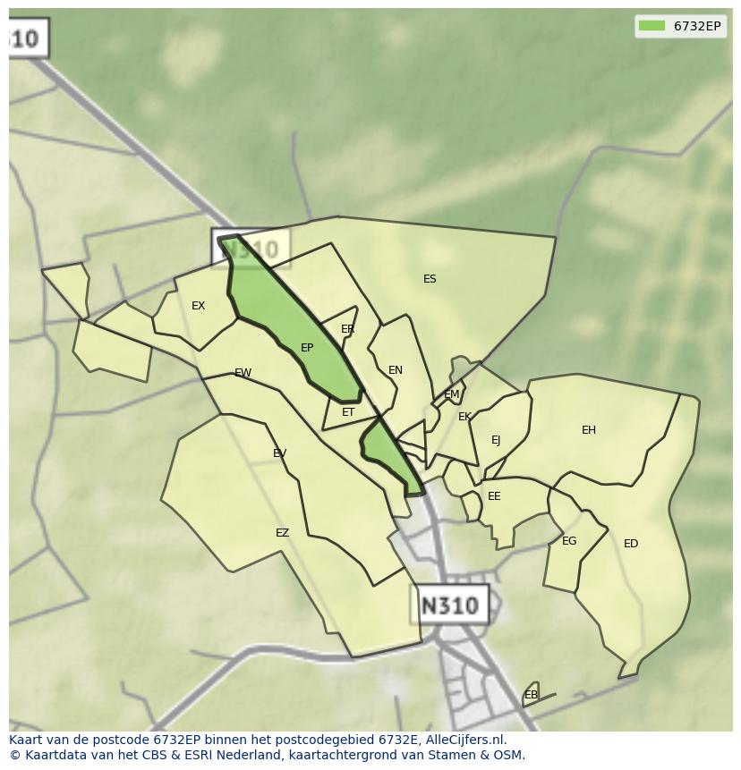 Afbeelding van het postcodegebied 6732 EP op de kaart.