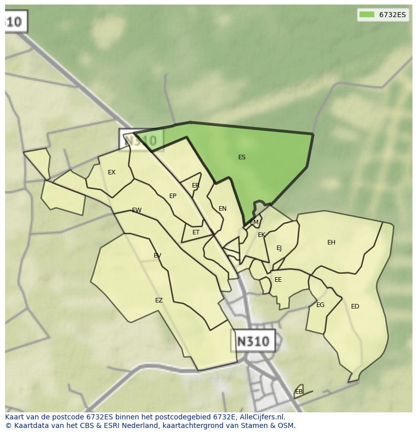 Afbeelding van het postcodegebied 6732 ES op de kaart.