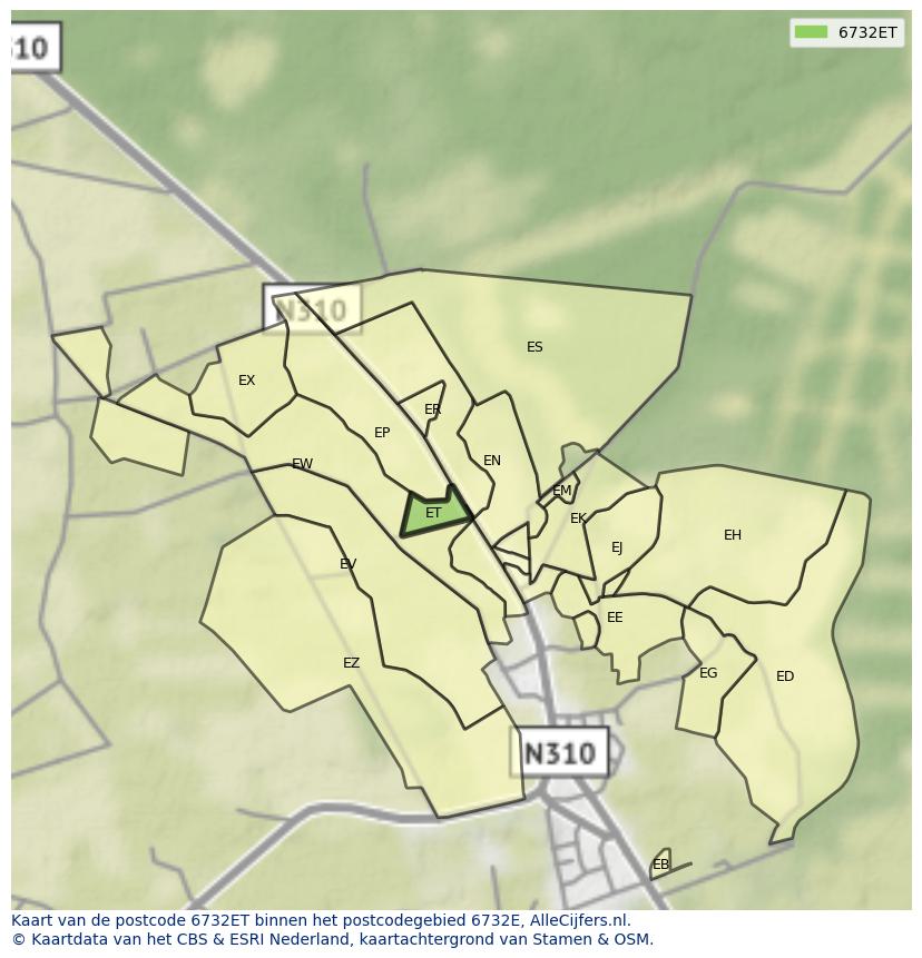 Afbeelding van het postcodegebied 6732 ET op de kaart.
